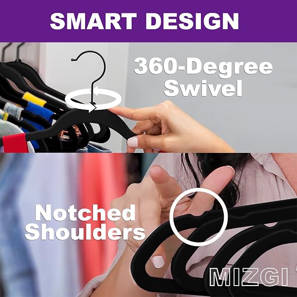 MIZGI PREMIUM ALL BLACK VELVET HANGERS WITH BLACK HOOKS (50 PACK) HEAVY DUTY – NON SLIP FELT HANGERS – 360 DEGREE SWIVEL,SPACE SAVING CLOTHES HANGERS,DURABLE STRONG HANGERS FOR SUITS,COAT