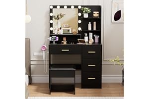 Alaxgumrol Makeup Vanity with Lights & Mirror, Vanity Desk with Power Outlet, White Vanity Set with 2 Drawers, Dressing Table with Adjustable 3 Lighting Color (Black, Right Drawer)