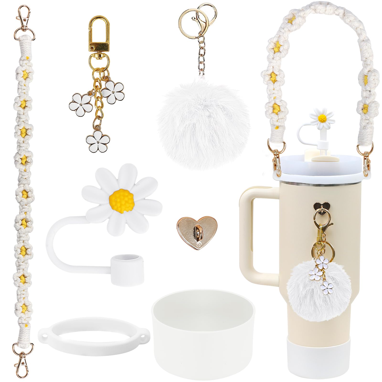 LACGO Stanley Cup Accessories Set of 7PCS Including Silicone Boot, Boho Woven Handle Strap, Straw Cover Cap, Stanley Charms for Stanley Cup 30/40oz Tumbler（White）