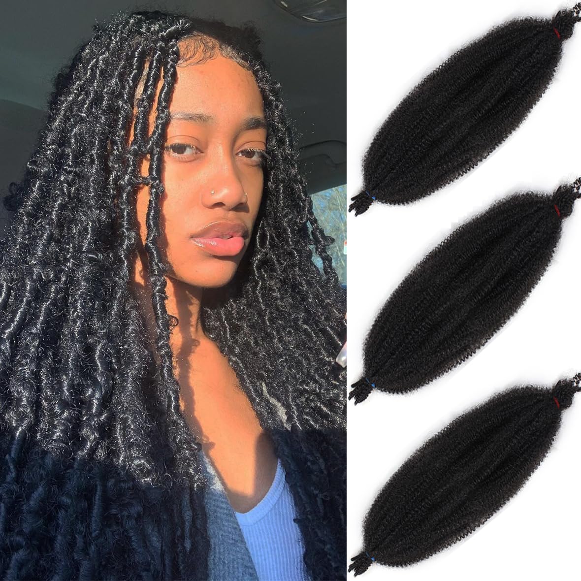 Leeven 24 Inch Pre-Separated Spring Twist Hair for Marley Locs - Pre-fluffed Afro Kinky Extensions Black /1B# — image 1