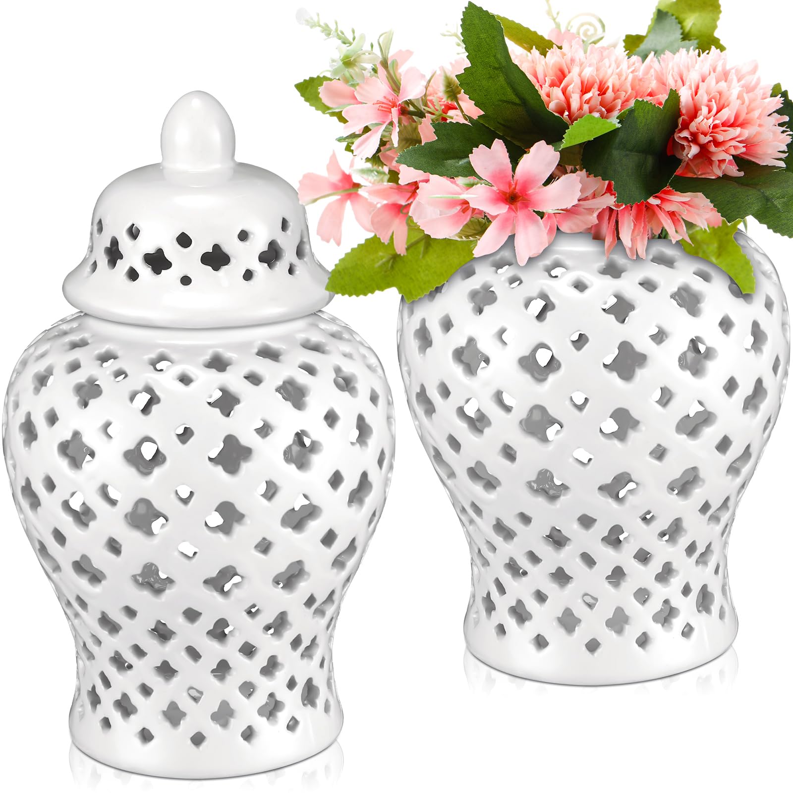 Photo 1 of **Only One** Zhehao 2 Pcs Ginger Jars for Home Decor 8.7 Inch Tall Ceramic Ginger Jar Modern Ceramic Hollow Out Handicraft Flower Vase with Lid for Home Office Party Wedding Decor(White)