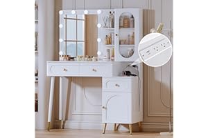 YYJ Vanity Desk with Mirror and Lights, with Chair, Modern High Capacity Makeup Vanity with 3 Drawers, Makeup Table with Power Outlet and 10 Lights for Bedroom,Makeup Room, WTDZ