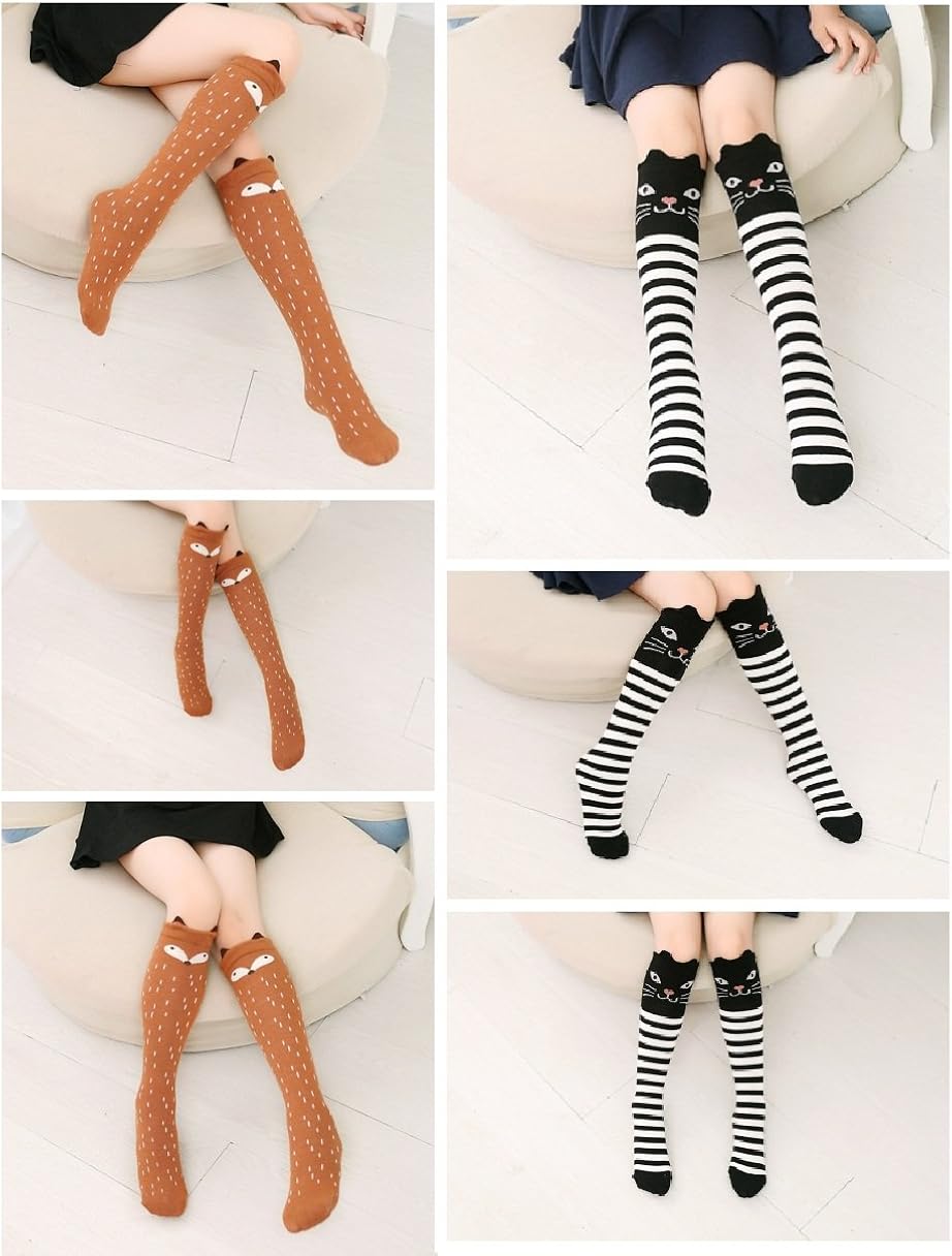 Cartoon Animal Cat Bear Fox Cotton over Calf Knee High Socks One Size 6 Colors: Clothing