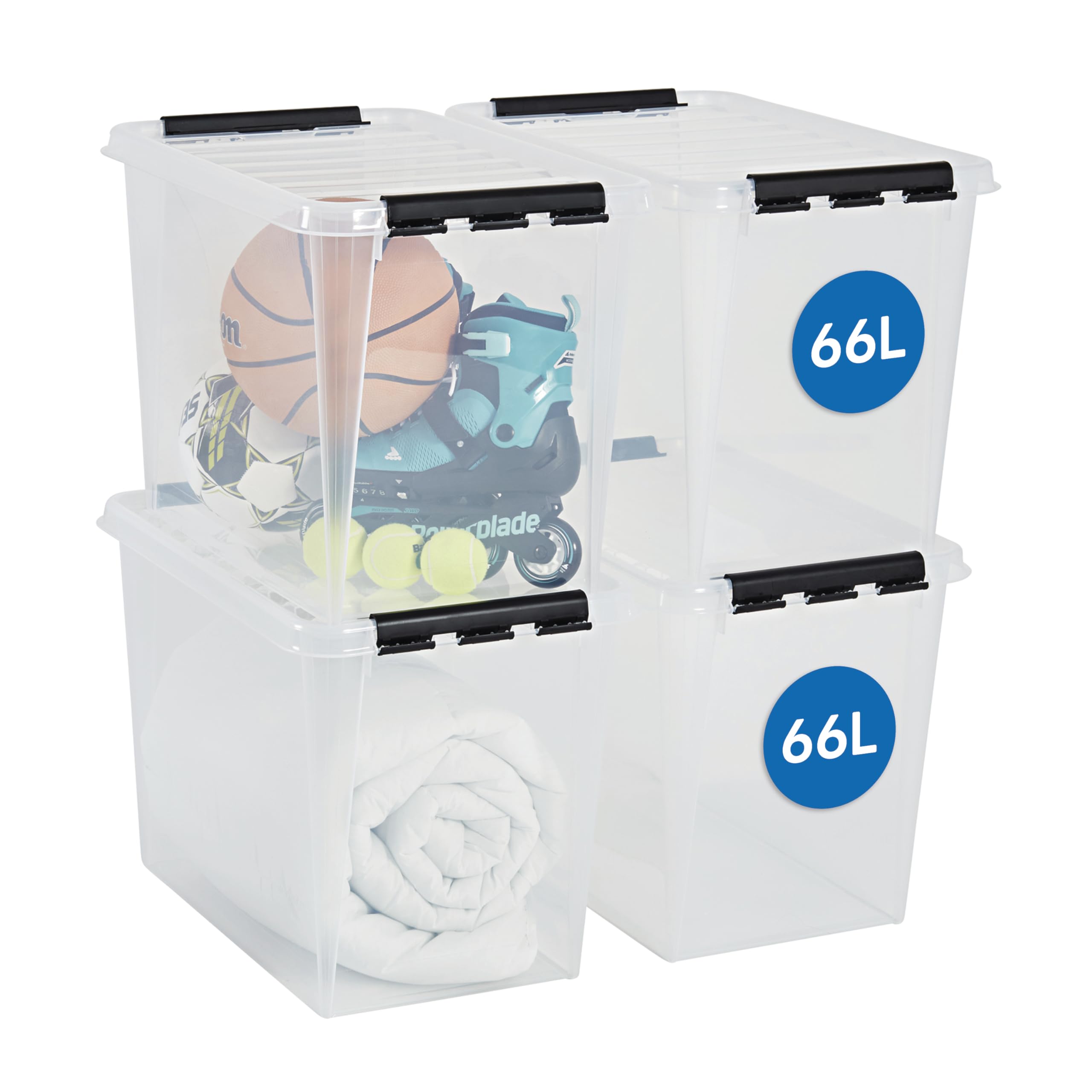SmartStore 66L Large Plastic Storage Boxes with Lid, 4 Pack, Reinforced, Clear, 10 Year Guarantee, Food Safe, Clip Locked, Stackable and Nestable, BPA Free, L59 x W39 x H43cm