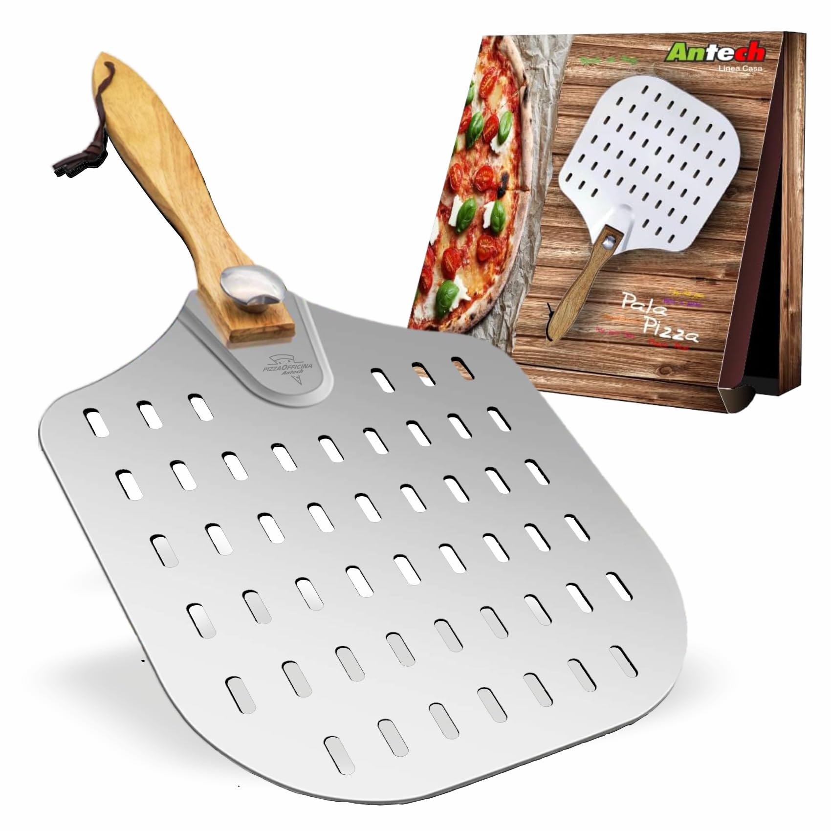 Perforated Pizza Shovel – Thick Aluminium Scoop and Removable Wooden Handle – Designed for the Best Bake of Pizza Bread and Focaccia