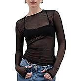SHENHE Women's Sexy Sheer Top Boat Neck Bell Long Sleeve Mesh Club Rave Tops Going Out Tshirt