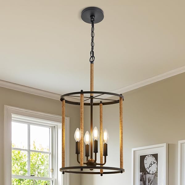 LUVKCZC 4 LIGHT CHANDELIER,FARMHOUSE CEILING LIGHT BLACK LANTERN LIGHT FIXTURES WITH ROPES CAGE ADJUSTABLE HEIGHT RUSTIC HANGING LIGHT E12 BASE FOR KITCHEN ISLAND, DINING ROOM, LIVING ROOM,ENTRYWAY