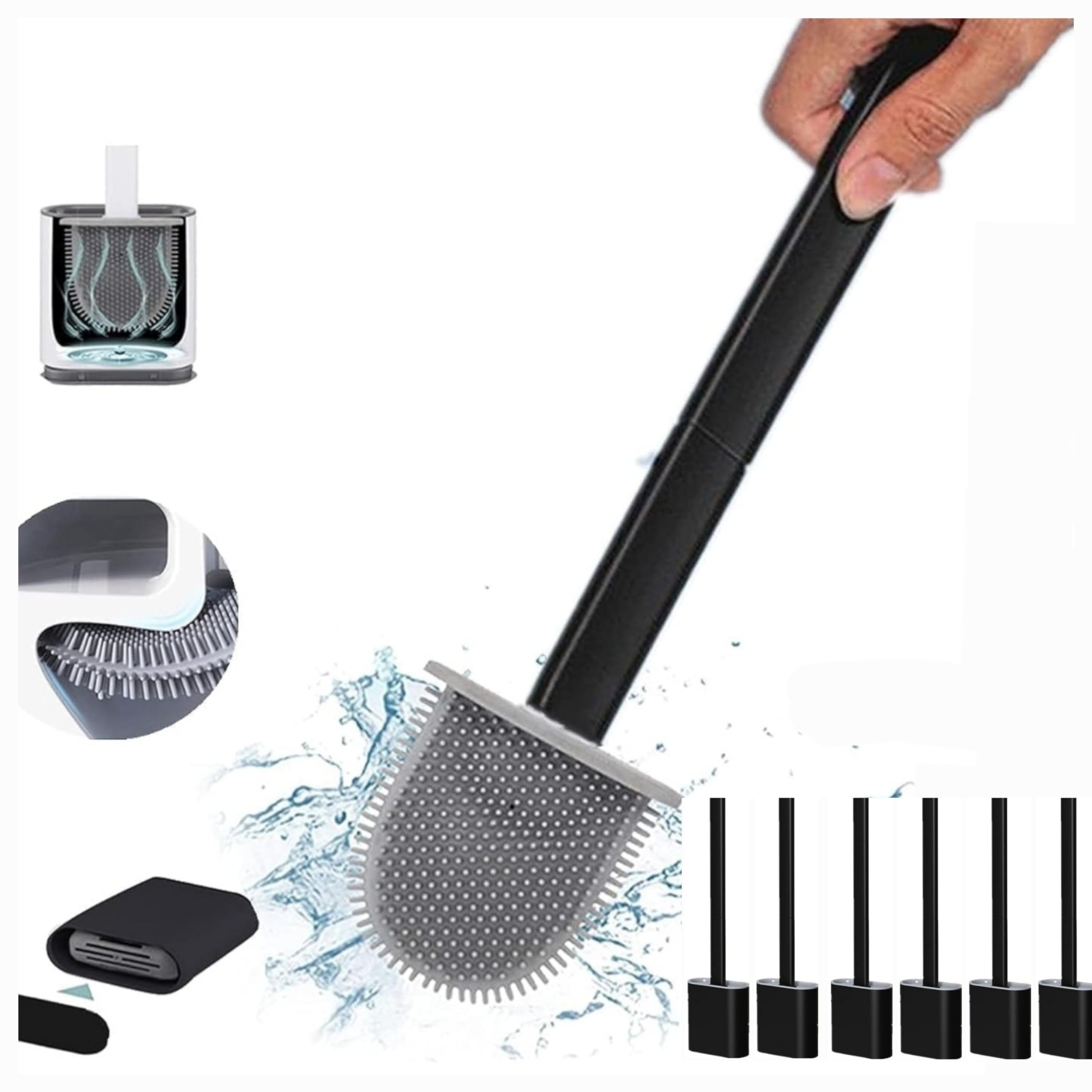 KWIK CLEAN 6 Pack Black Deep Clean Silicone Toilet Brush & Quick Dry Anti-drip Holder, Flexible No scratch Bathroom Brush Long Non-Slip Handle Easy Cleaning, Durable Toilet Brush Set With Holder