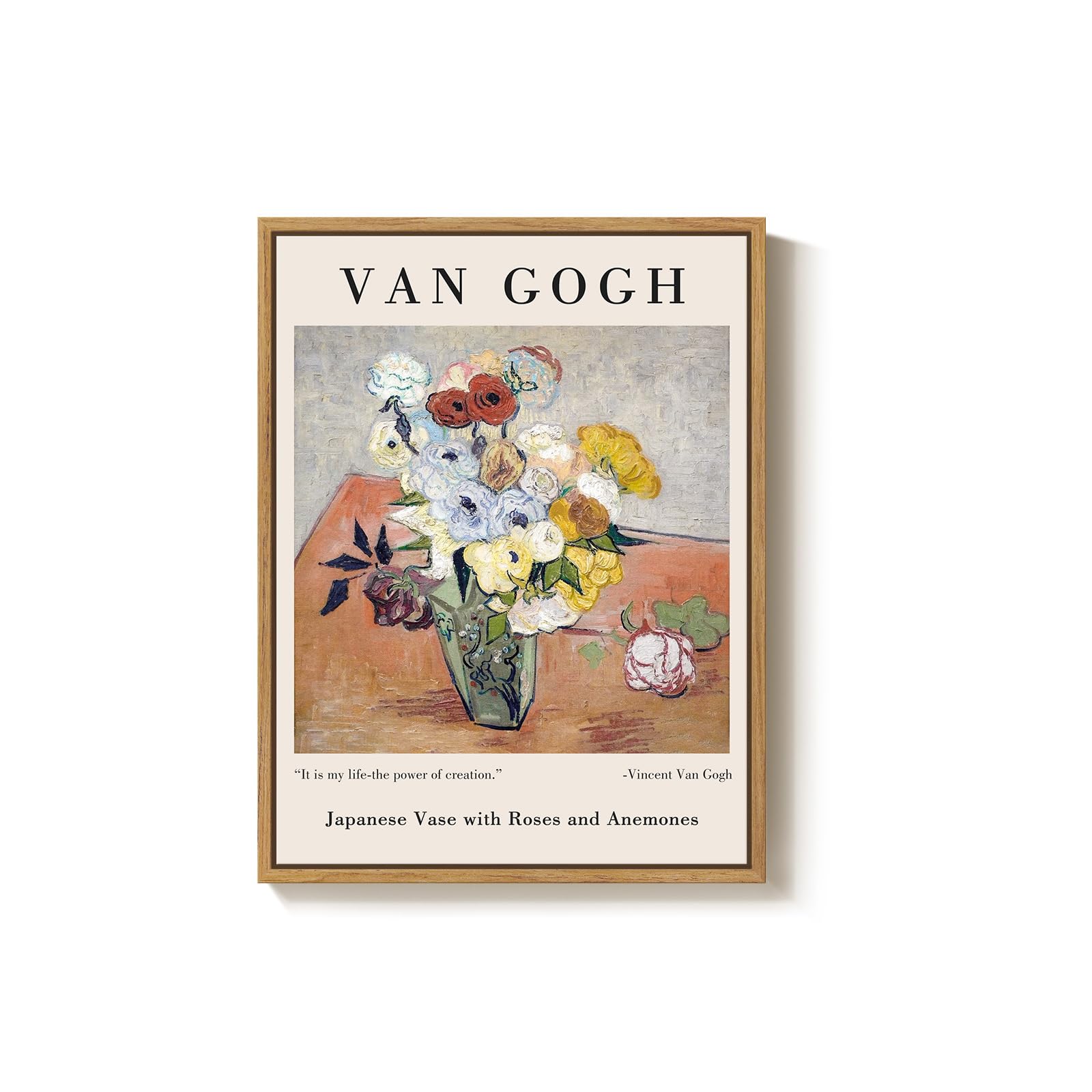 Photo 1 of Framed Van Gogh Wall Art, Japanese Vase with Roses and Anemones Canvas Print 1887, Vintage Floral Still Life Painting for Living Room Bedroom Dining Room Office Wall Decor, 12x16 Inch
