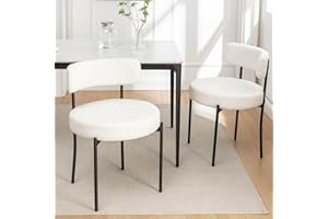 Riknuxi Boucle Dining Chairs Set of 2, Round Upholstered Dining Chairs with Black Metal Legs, Modern Dining Room Chairs for Dining Room, Kitchen, Living Room (White)
