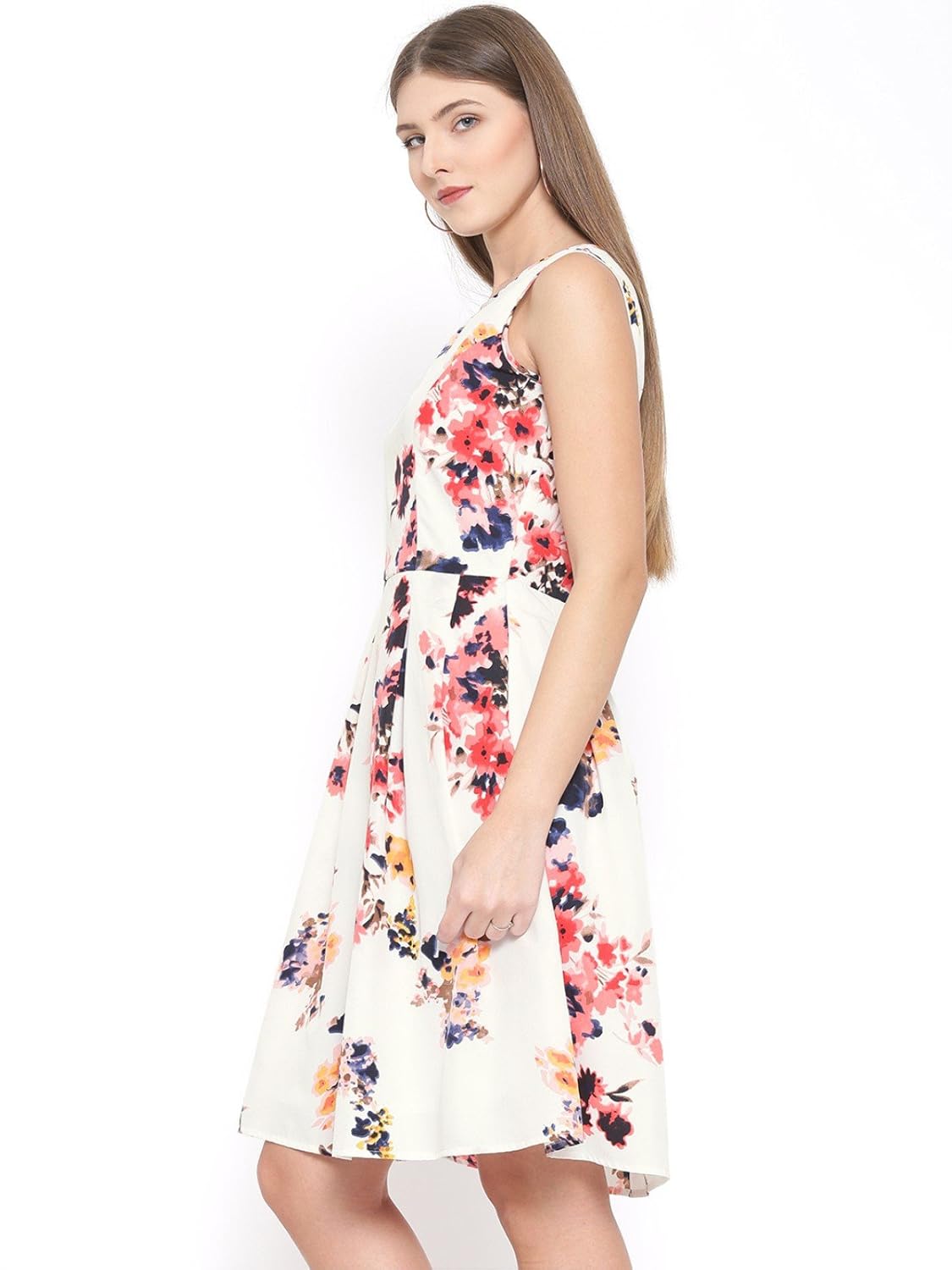 rare women off-white floral print fit & flare dress (ep1392)