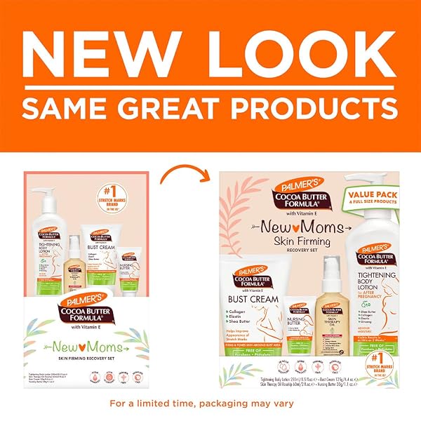 PALMER’S COCOA BUTTER FORMULA NEW MOMS SKIN RECOVERY POSTPARTUM ESSENTIALS, BODY LOTION (8.5 OZ) + NURSING BUTTER (1.1 OZ) + BUST CREAM (4.4 OZ) + SKIN THERAPY OIL (2 OZ), DERMATOLOGIST APPROVED