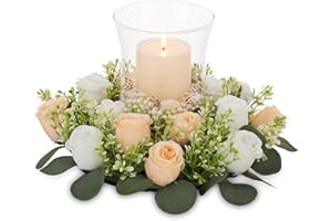 NUPTIO Artificial Floral Wreath Centerpieces: Hurricane Glass Candle Holder for Floating Pillar Candles with 13.4 inch Big Ch