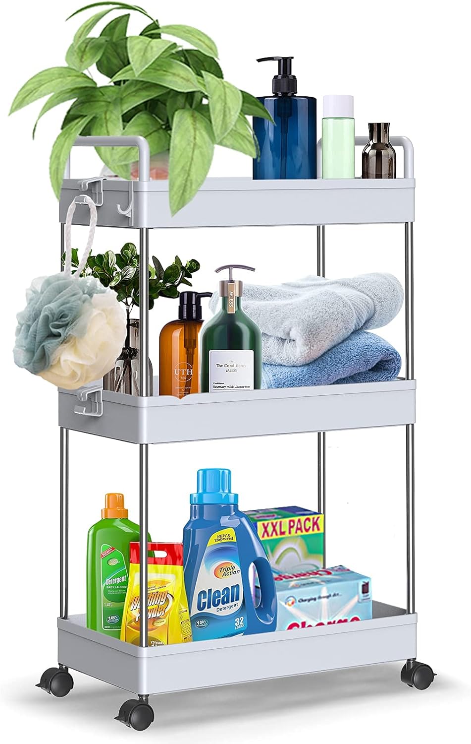 SOLEJAZZ Rolling Storage Cart 3-Tier Mobile Shelving Unit Bathroom Carts with Handle for Kitchen Bathroom Laundry Room, Gray: Kitchen & Dining