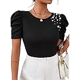 Remidoo Women's Puff Sleeve Crewneck Rib Knit T Shirt