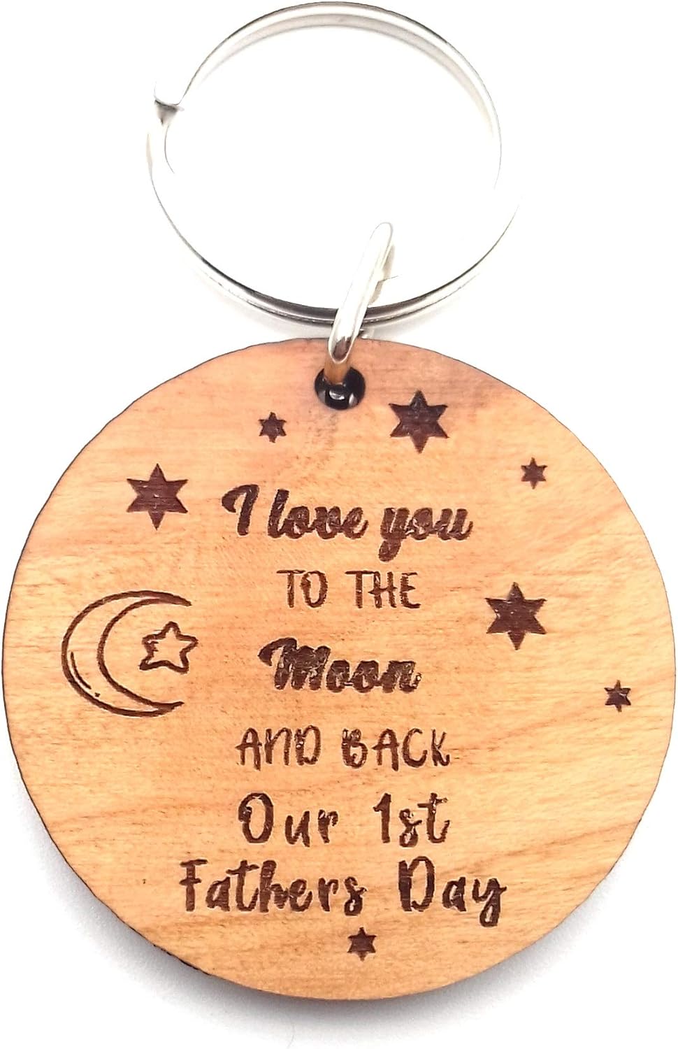 Our 1st First Fathers Day I Love You to The Moon and Back Wooden Keyring Key Ring Gifts for Him Keepsake, Brown, 4cm x 0.5cm x 4cm