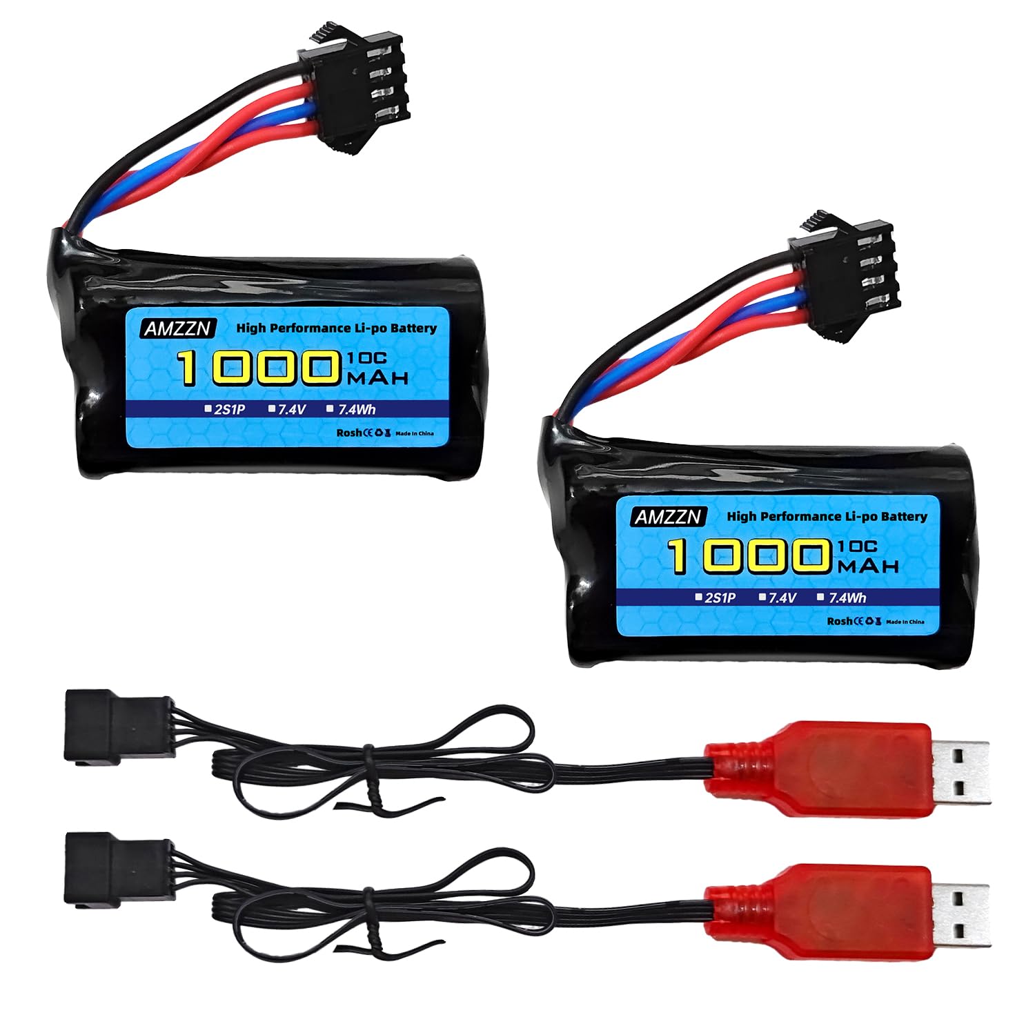 AMZZN 2PCS 7.4V 2S 1000mAh Lipo Battery SM-4P Plug with USB Charger for M416 Electric Gel Toy Gun, DE85 EC16 RC Toy Car Model Off-Road Vehicle