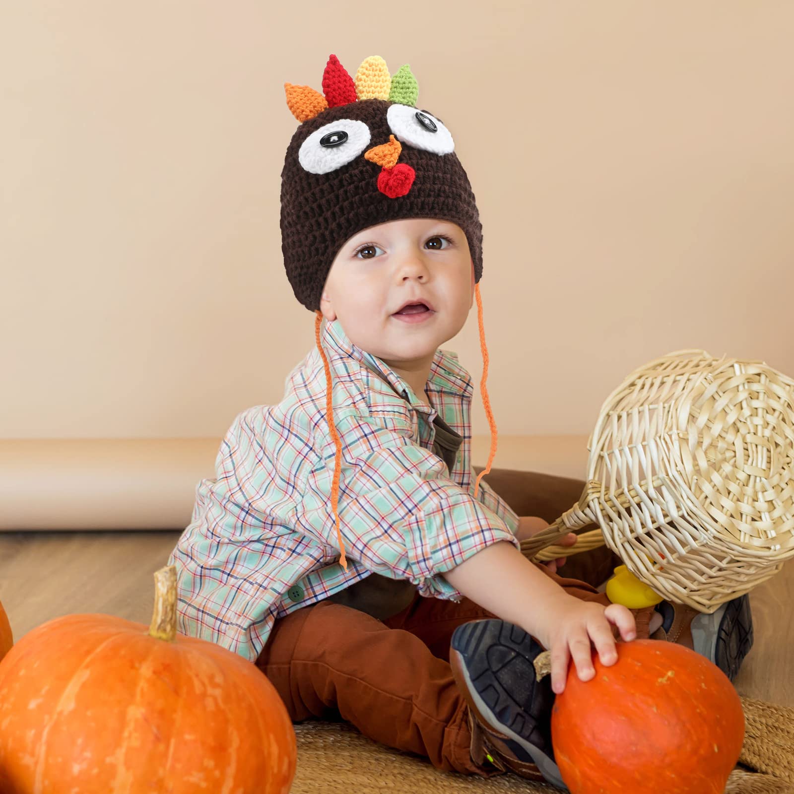 Jiuguva 3 Pieces Baby Crochet Beanie Set, Pumpkin Hat Turkey Beanie and Christmas Long Tail Cap for Unisex Baby Fall Halloween Thanksgiving Xmas Photo Prop