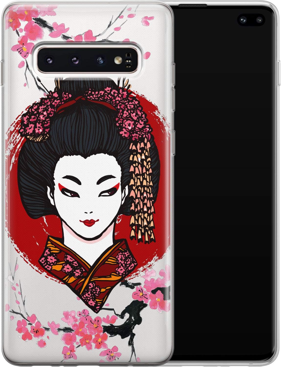Ufola Case for Samsung Galaxy S20 Ultra S10 Plus Note 10 5G S9 S8 Clear Lightweight Cover Print Flexible Gift TPU Design Soft Smooth Slim Japan Geisha Beauty Flowers East Makeup Blossom Floral Red