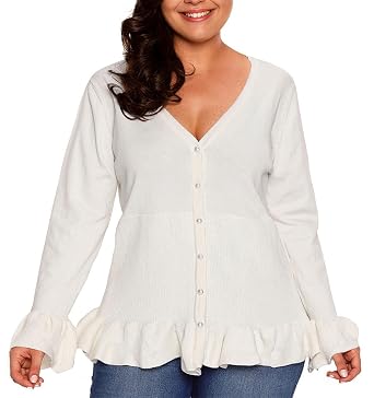 Lewi Brun Damen Grosse Grossen Big Size Volant Strickjacke L