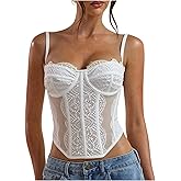 Milumia Women's Lace Sheer Mesh Bustier Corset Top Spaghetti Strap Rave Party Camisole Tops