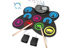 Electronic Drum Set, 9-Pads Roll-Up Electric Practice Drum Kit with Headphone Jack Built-in Speaker Sticks Foot Pedals, Xmas 