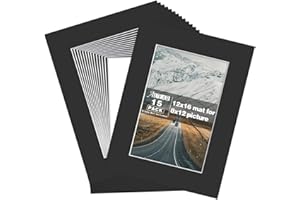 AUEAR 15 Pack Acid-Free Black 12x16 Pre-Cut Picture Mats for 8x12 Photos with White Core Bevel Cut Frame Mattes