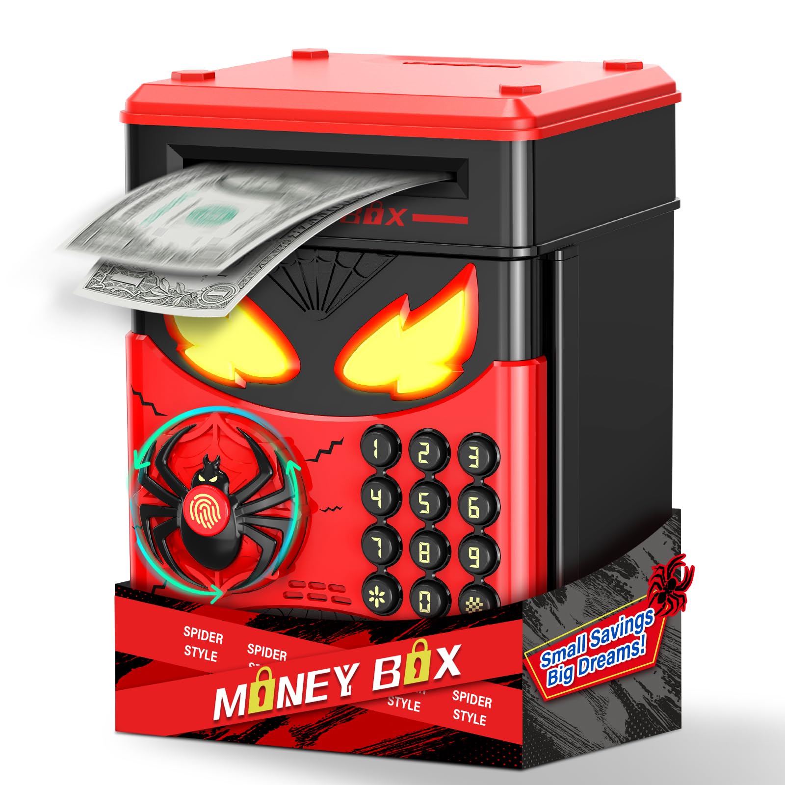 Wrystte Spider Piggy Bank for Kids,Electronic Money Box with Fingerprint,Mini ATM Safe Money Saving Box,Kids Toys for Age 4 5 6 7 8,Christmas Birthday Gifts for 9 10 11 12 Year Old Boys Girls(Black)