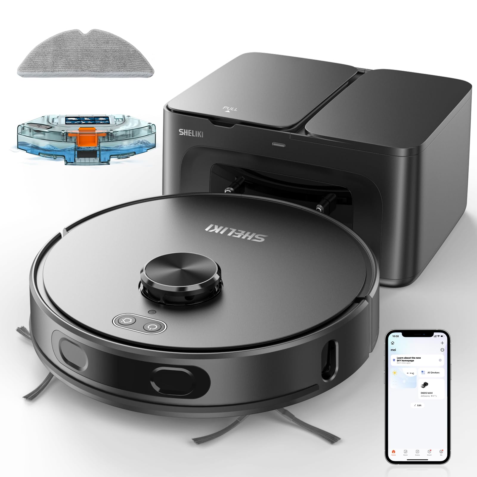 Photo 1 of SHELIKI Robot Vacuum and Mop, 3-in-1 Robotic Vacuum Cleaner with 70-Day Self-Emptying Base, 360° LiDAR Navigation & Smart Mapping, 6000Pa Strong Suction for Pet Hair, Carpets & Hard Floors
