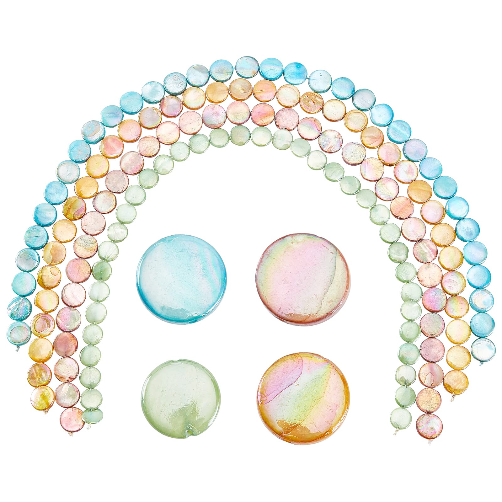 SUNNYCLUE 1 Box About 136Pcs 4 Colors Flat Round Shell Bead Colorful Natural Freshwater Disc Coin Charms AB Plated Ocean Beach Hawaii Style for Jewelry Making DIY Earrings Necklaces Crafts