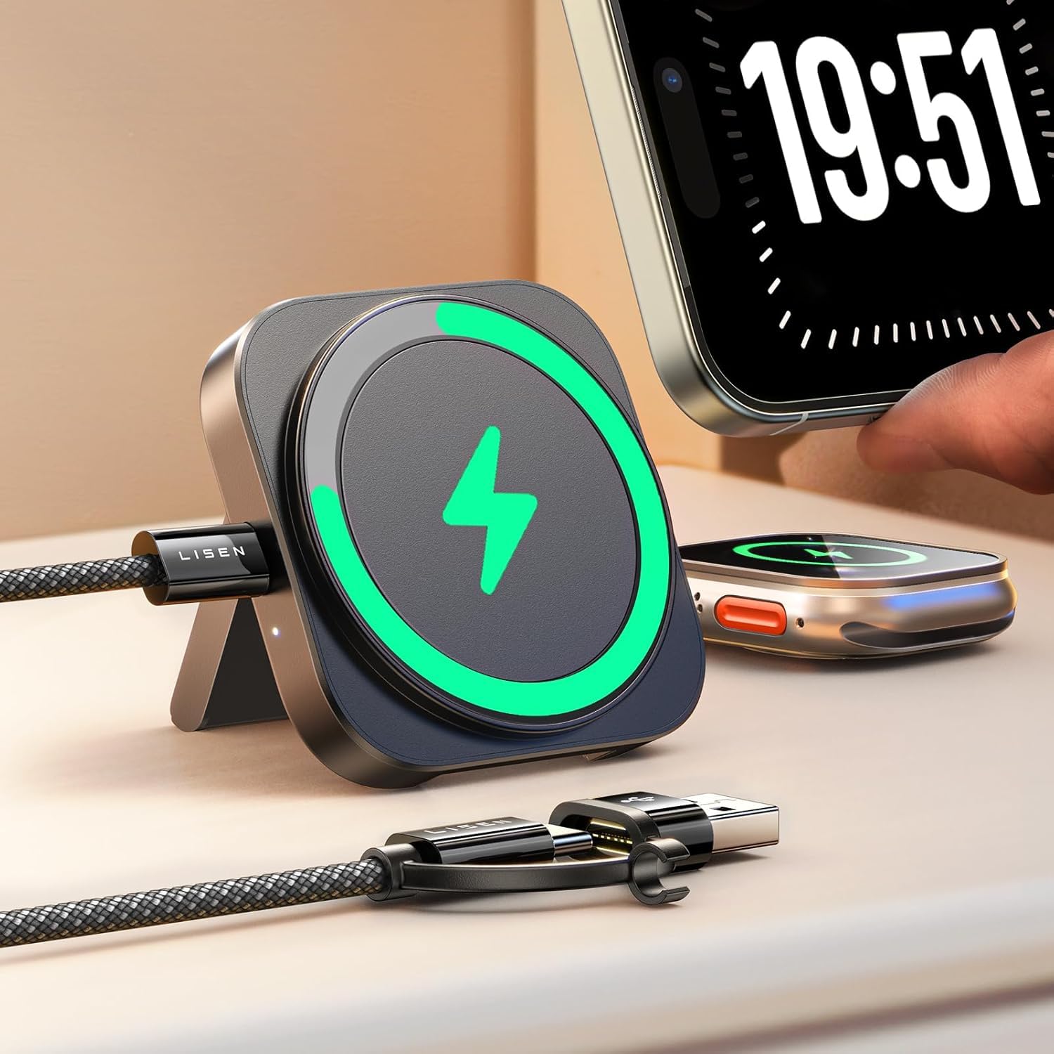 Photo 1 of LISEN for MagSafe Charger Stand for iPhone Apple Watch Magnetic Phone Charging, Travel Charger for Desk MagSafe Accessories Charging Stand Wireless for Apple iPhone 16 Pro Max iwatch Airpods