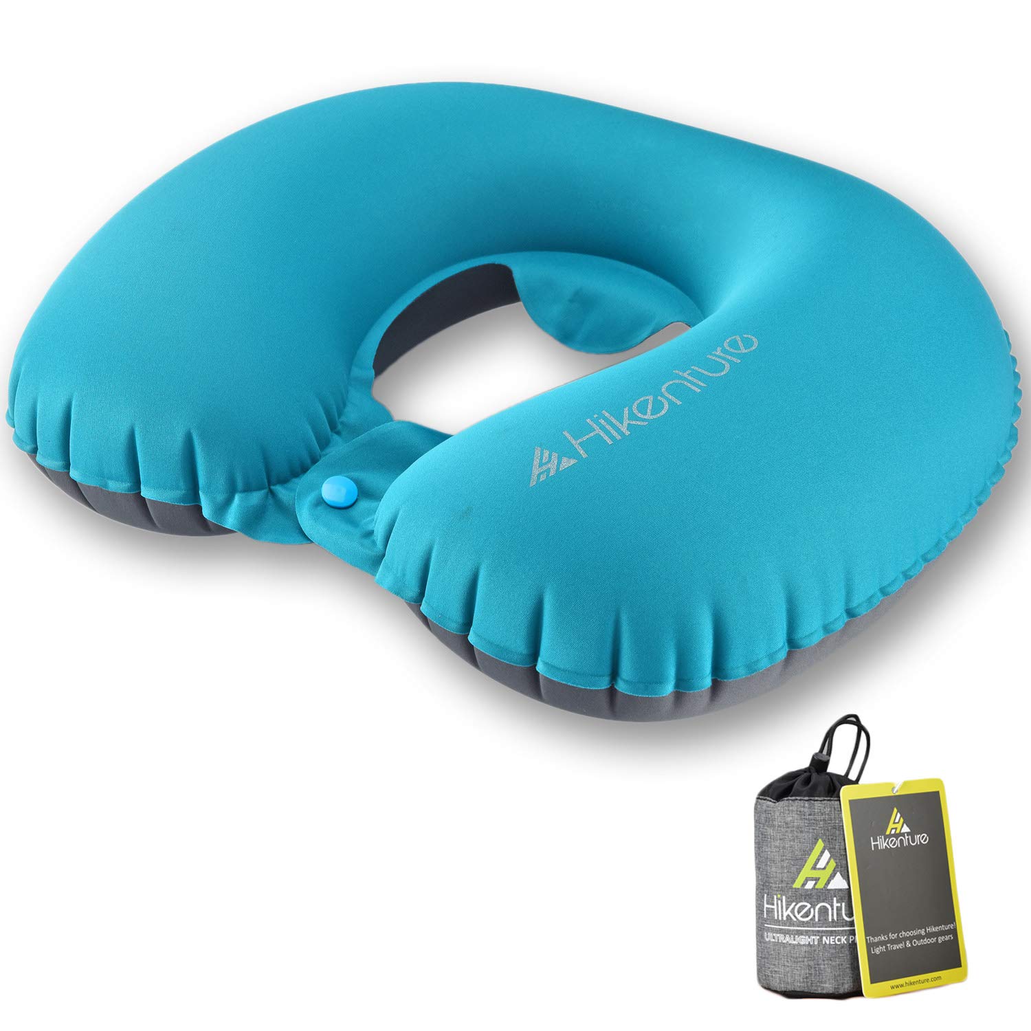 HIKENTURE Travelling Neck Support Pillow Lightweight Inflatable Pillow- Portable U Shape Neck Support Cushion for Camping, Hiking, Office Nap, Home, Car, Travel Airplane, Train and Bus(Light Blue)