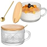 Tinaforld Vintage Glass Coffee Mugs 2 Set, 14oz Overnight Oats Containers with Bamboo Lids and spoon, Glass Tea Cups, Coffee Bar Accessories, Ideal Birthday, Holiday Gifts for Women