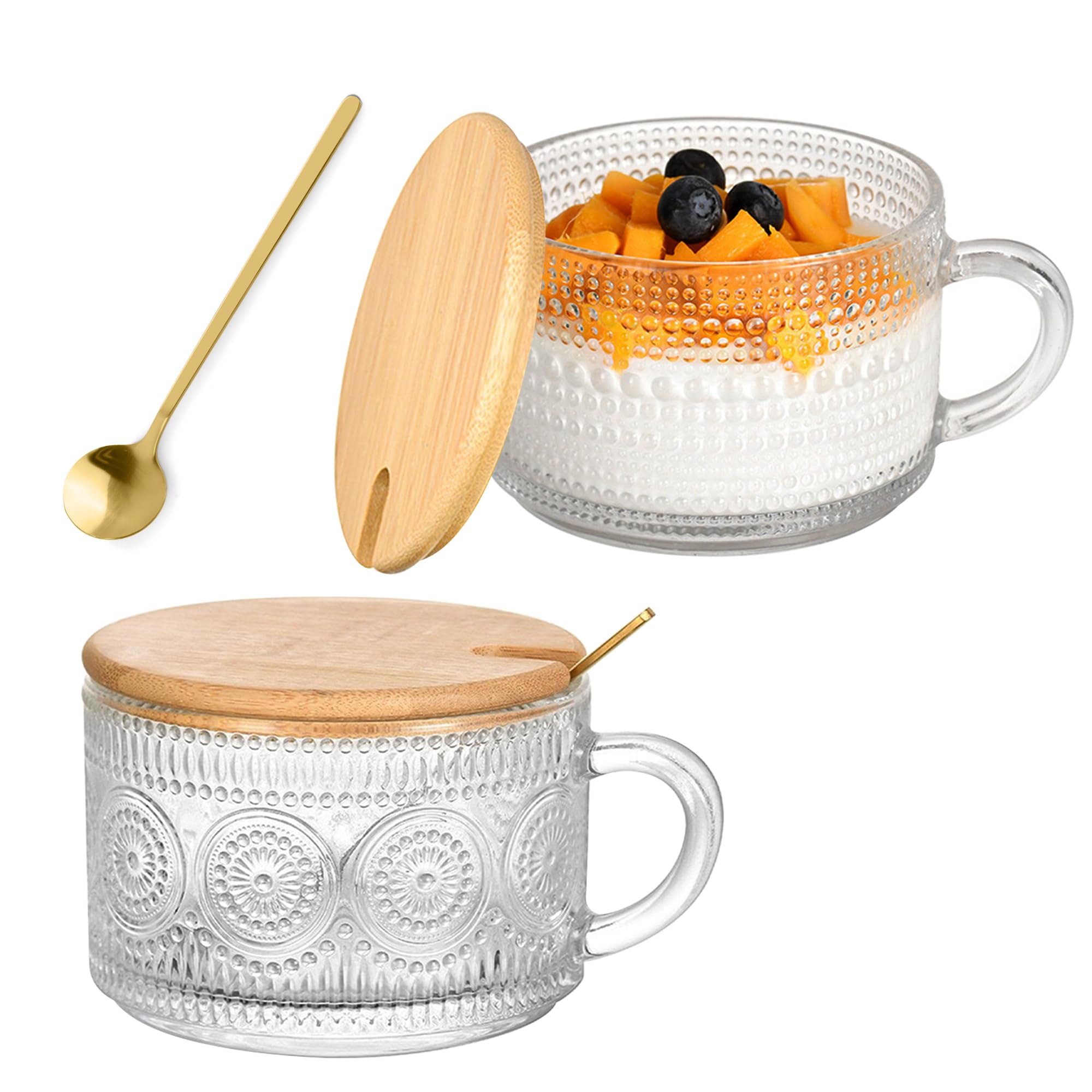 Photo 1 of Tinaforld Vintage Glass Coffee Mugs 2 Set, 14oz Overnight Oats Containers with Bamboo Lids and spoon, Glass Tea Cups, Coffee Bar Accessories, Ideal Birthday, Holiday Gifts for Women