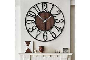 LEIKE Large Wall Clocks for Living Room,Silent,Non Ticking,Battery Operated Oversized Vintage Round Modern Wood Wall Clock for Bedroom,Farmhouse,Office Home Decor-24 Inch(Black-Arabic Number)