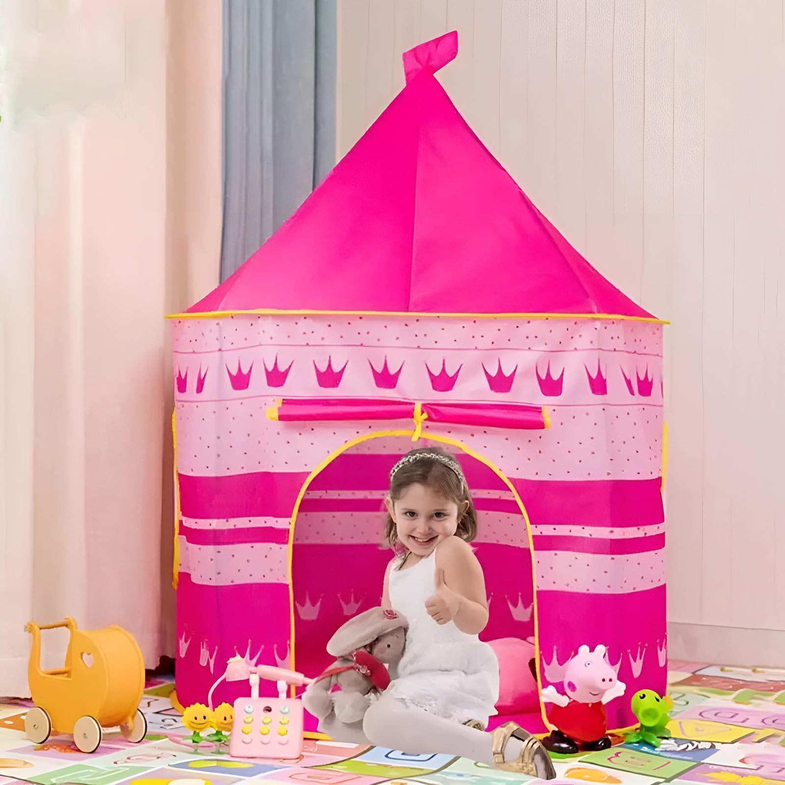 Pop Up Princess Castle Teepee Tent - Pink, Print Cloth Mongolian Yurt, Indoor/Outdoor Portable Kids Play Tent