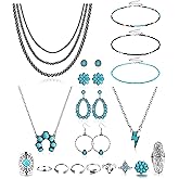 Fansilver Turquoise Jewelry for Women Bohemian Western Jewelry Set Navajo Pearl Necklace Beaded Choker Necklace Turquoise Earrings Bracelet Vintage Knuckle Rings Boho Western Jewelry for Women