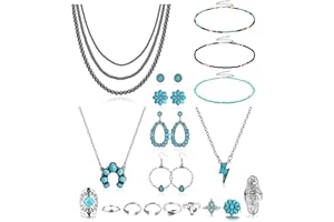 Fansilver Turquoise Jewelry for Women Bohemian Western Jewelry Set Navajo Pearl Necklace Beaded Choker Necklace Turquoise Earrings Bracelet Vintage Knuckle Rings Boho Western Jewelry for Women