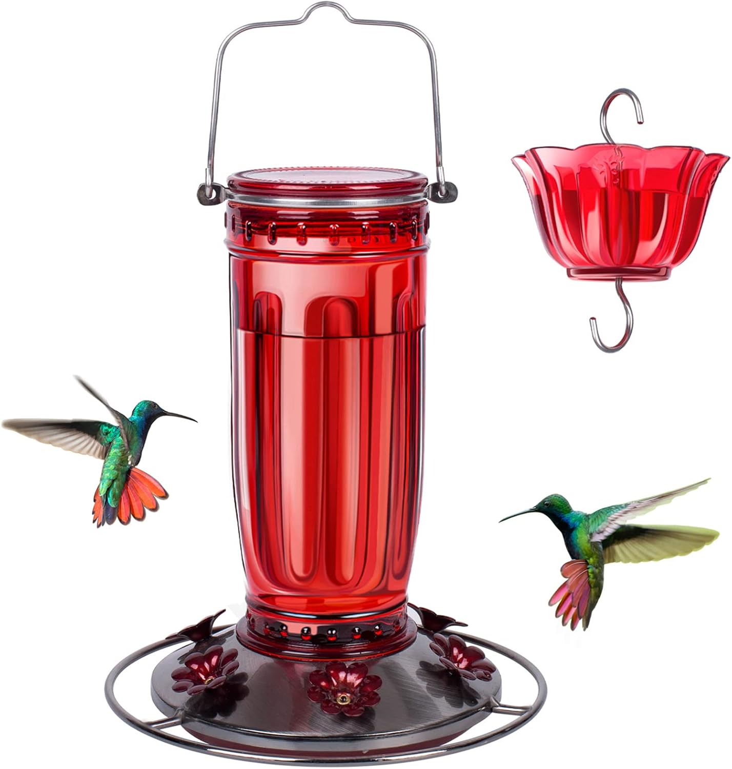 Backyard Birding & Wildlife - Kingsyard Glass Hummingbird Feeder for Outdoors Wild Bird Feeder with 6 Feeding Ports Hanging for Garden Yard, Red (Ant Moat Included)