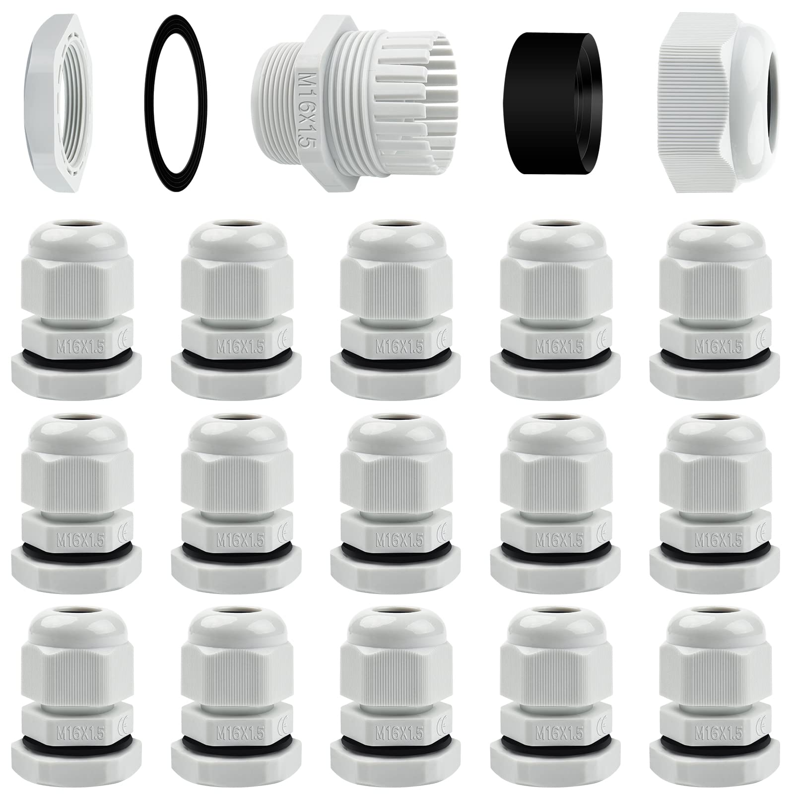 15 Pack Cable Glands M16, Hanibos IP68 Waterproof Cable Glands Nylon Compression Glands Connectors with Locknut and Washer Suitable for 4-8mm Cables White