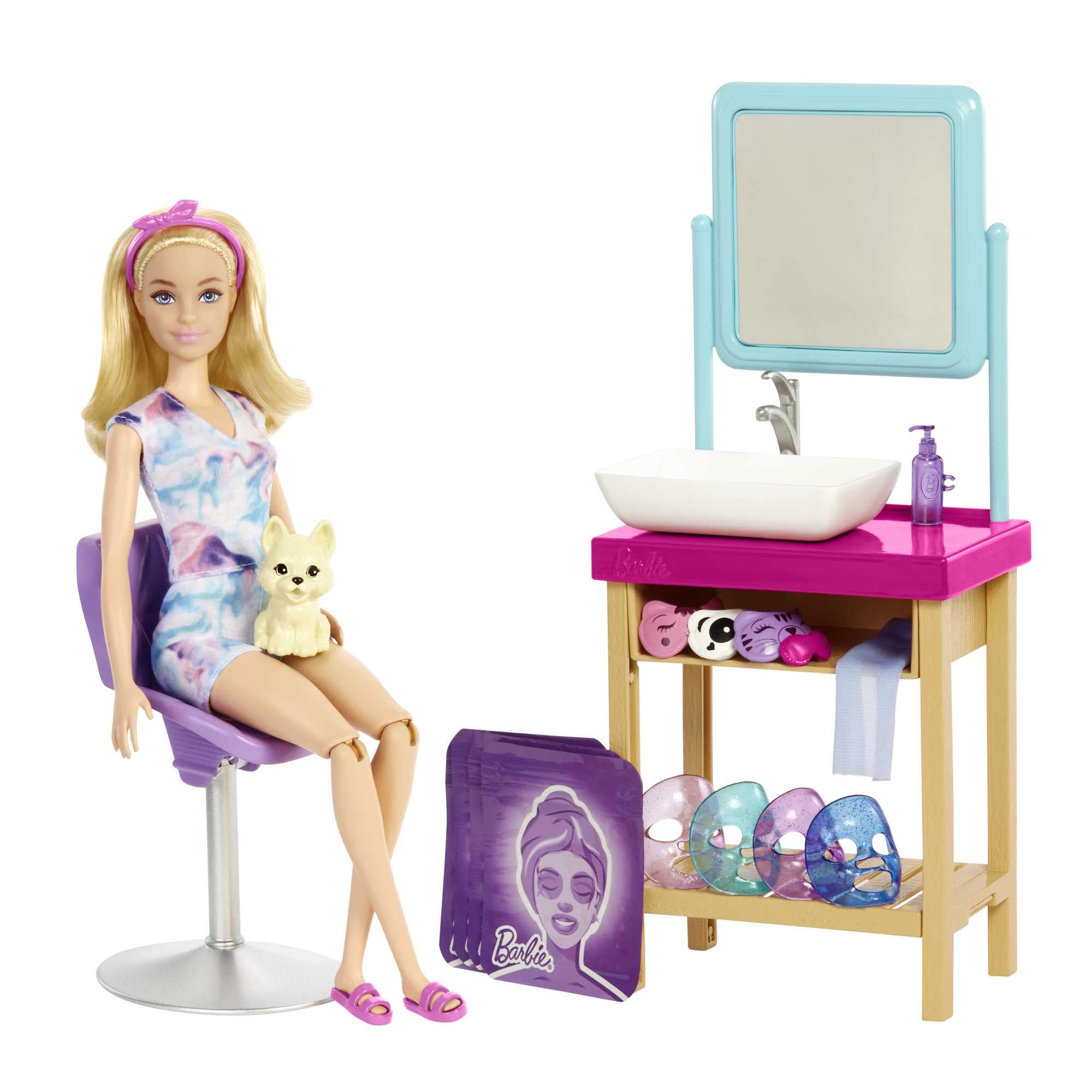 Barbie Sparkle Mask Spa Day Playset, Blonde Doll, 7 Spa Masks, Sink, Mirror, Chair for a Total of 15+ Accessories, Great Gift for kids 3 to 7 Years Old, HCM82 — image 1