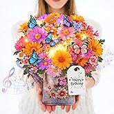 CUISH Birthday Cards with MUSIC &LIGHTS, Gerbera Daisy and Butterflies, 10 Inch Life Sized Forever Flower Bouquet 3D Pop Up Birthday Gift Card for Women Wife Mom Daughter Sister