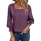 PGANDS Women's 3/4 Sleeve Tops Square Neck Spring Summer Casual Smocked Cuffs Shirts