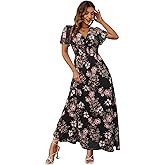 Simplee Women's Boho Floral Maxi Dress Flowy Casual V Neck Short Sleeve Wedding Guest Holiday Beach Long Dress