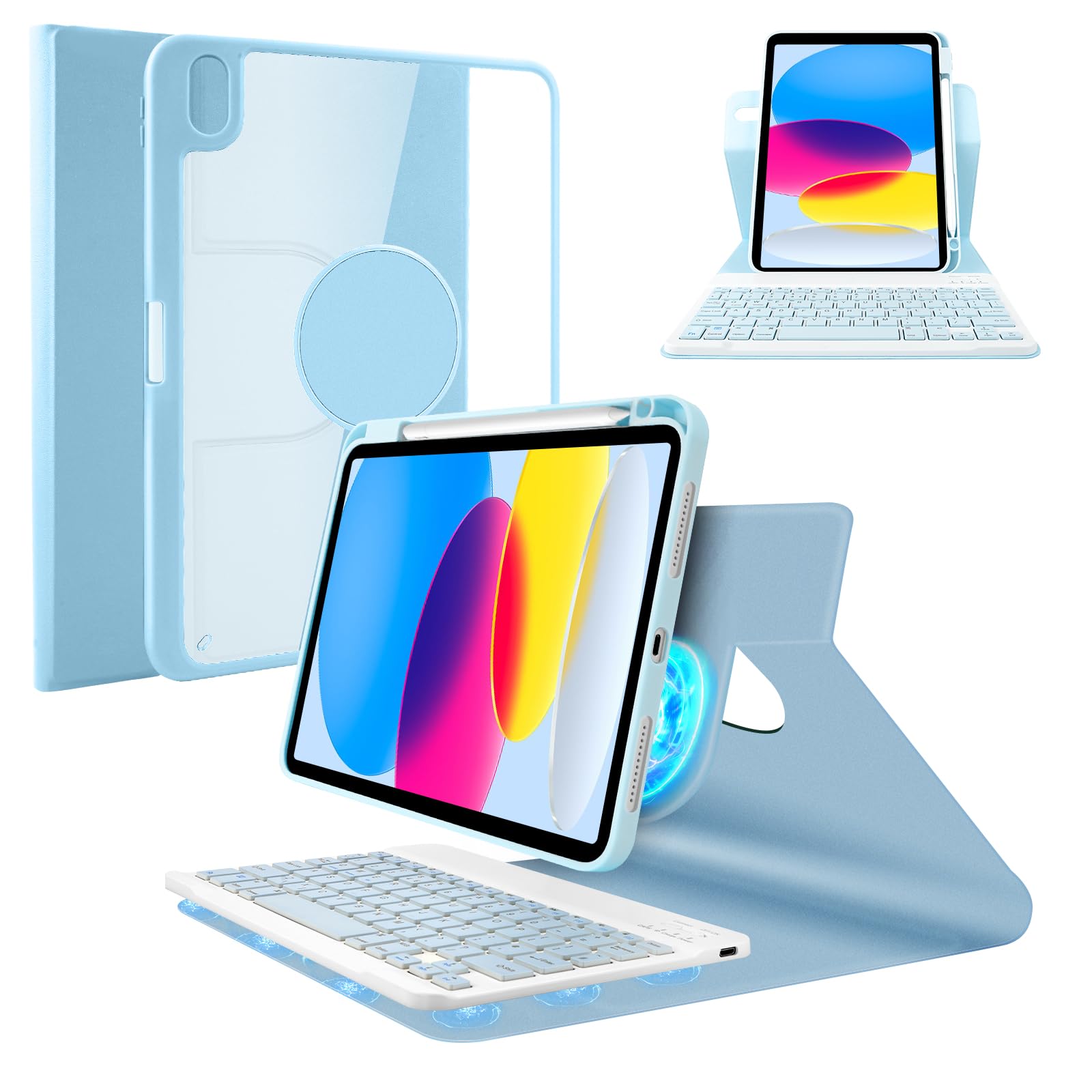 SOPPY Keyboard Case for iPad 11th Gen. (A13) 11-inch 2025, 10th Gen. 10.9-inch 2022, UK Layout, Slim Protective Cover, Magnetic Rotatable Detachable Keyboard, with Pencil Holder - Blue