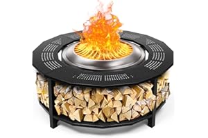 AGEDNE 47.8" Fire Pit Surround Tabletop for Solo Stove Yukon, Bonfire & TIKI Fire Pits, Powder Coated Tabletop with Firewood Storage Rack for Solo Stove Accessories and Outdoor Smokeless FirePit Table