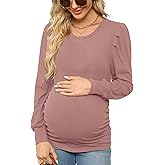 Onedreamer Women's Maternity Shirts Puff Sleeve Round Neck Tunic Top Casual Pregnancy Clothes