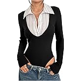 SOLY HUX Women's Striped Long Sleeve Bodysuits Button Down Tshirts Collared 2 in 1 Tops Preppy Clothes