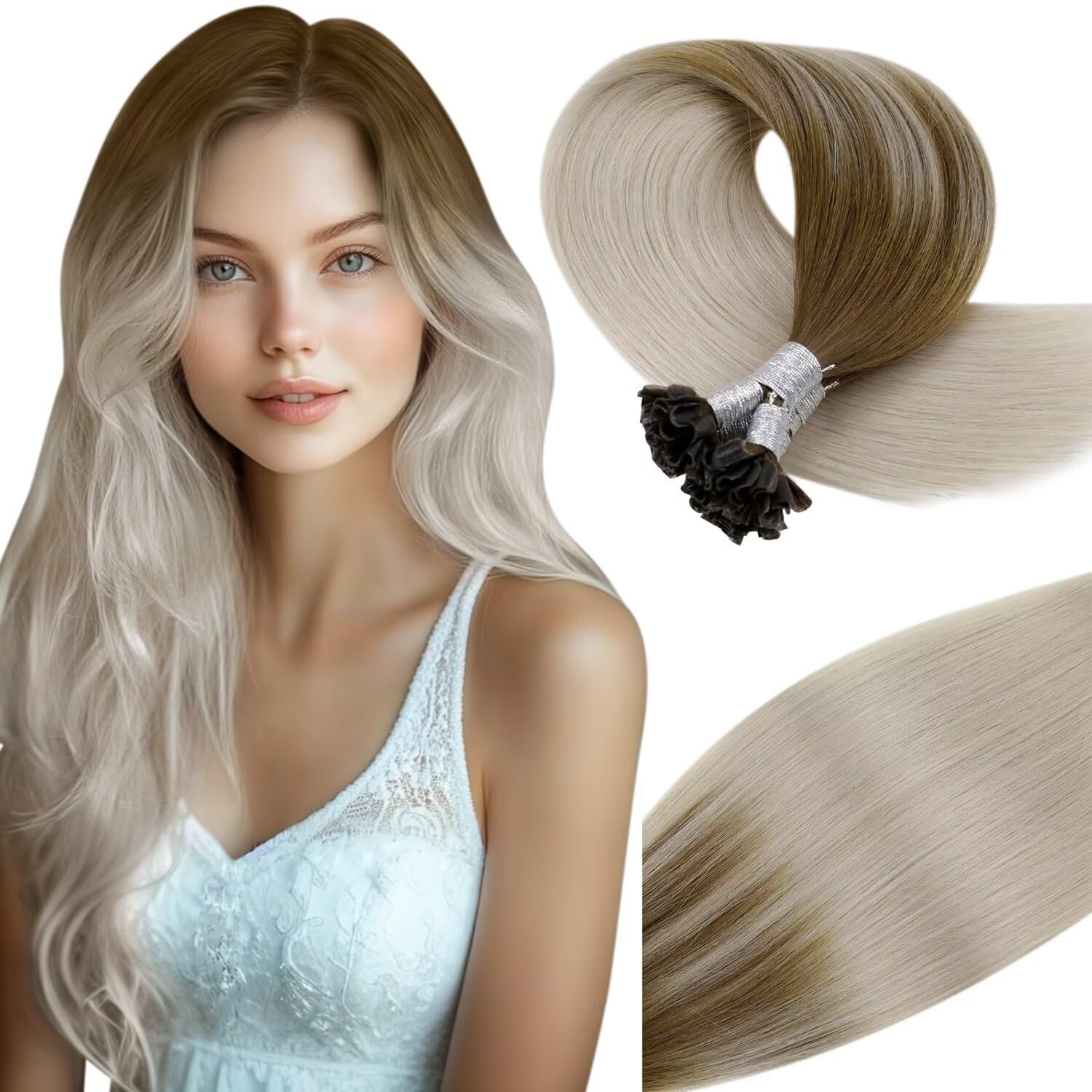 Vivien U Tip Human Hair Extensions Blonde Balayage 20 Inch Keratin Extensions Human Hair Ombre Light Brown to Platium Blonde Silky Straight 50g 50s #8/60