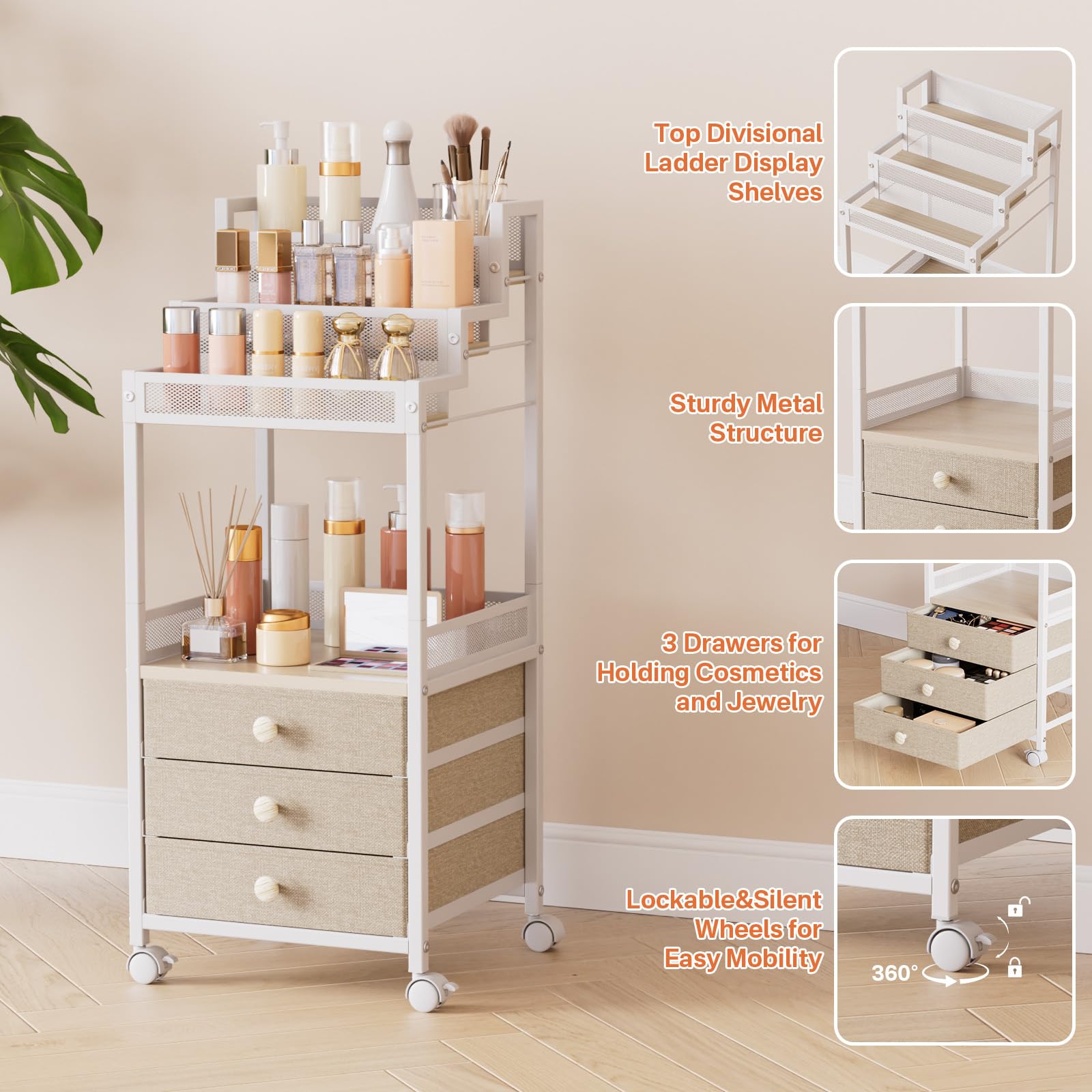 FURFUN Makeup Organizer Storage Cart with Drawers, Floor Rolling Skincare Vanity Organizer Mobile Cosmetic Display Case Stand for Makeup Brushes, Nail Polish, Perfume Organizer for Women Matte White